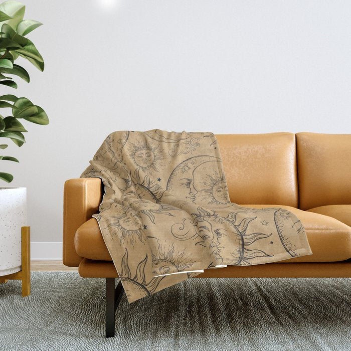 Tan Magic Celestial Sun Moon Stars Throw Blanket Gallery Image 1