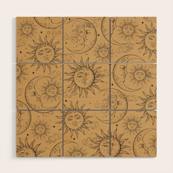 Tan Magic Celestial Sun Moon Stars Wood Wall Art Gallery Image 1