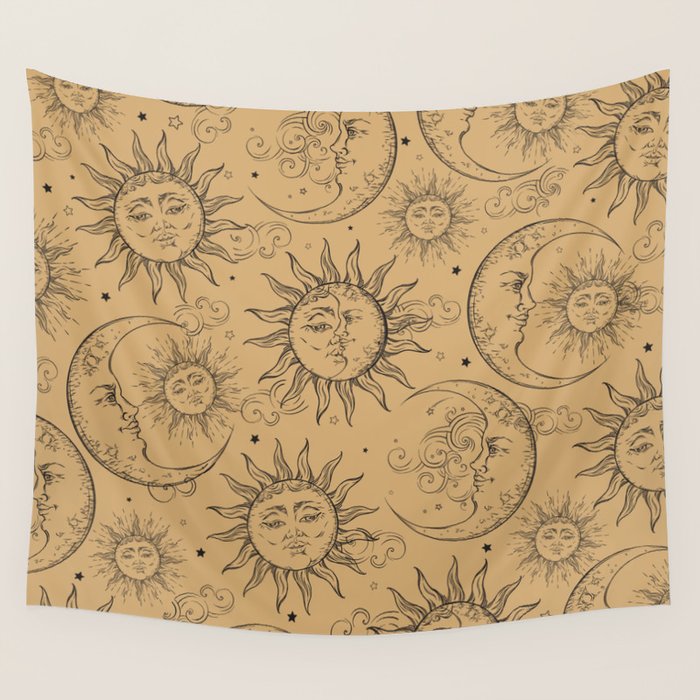 Tan Magic Celestial Sun Moon Stars Wall Tapestry Gallery Image 4