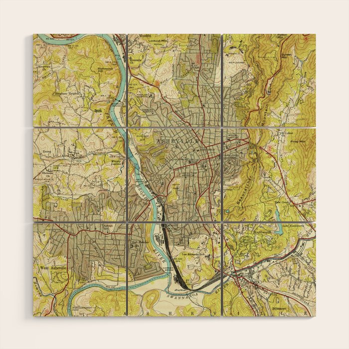 Vintage Map of Asheville North Carolina (1943) Wood Wall Art Gallery Image 1