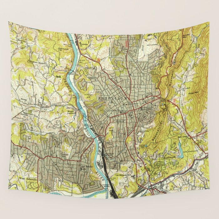Vintage Map of Asheville North Carolina (1943) Wall Tapestry Gallery Image 4