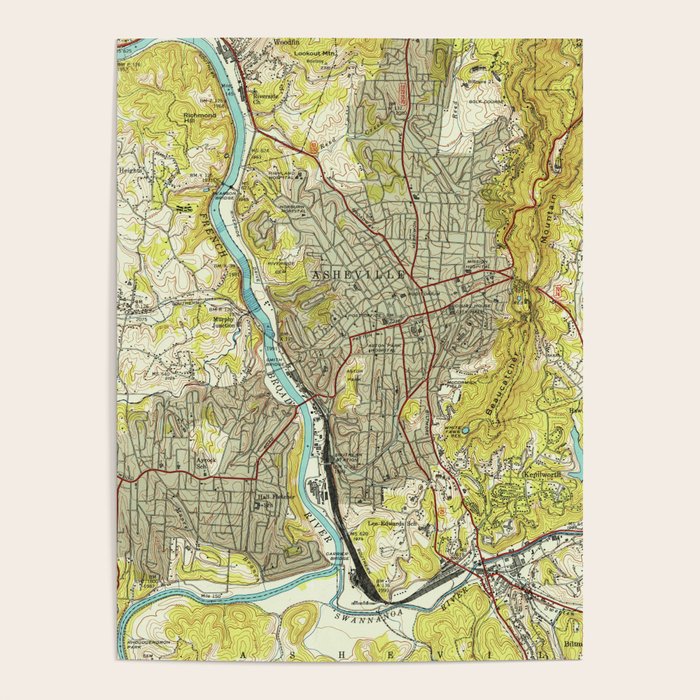 Vintage Map of Asheville North Carolina (1943) Poster Gallery Image 1