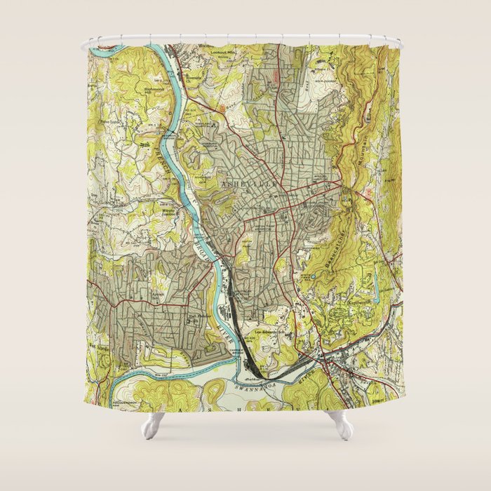 Vintage Map of Asheville North Carolina (1943) Shower Curtain Gallery Image 1