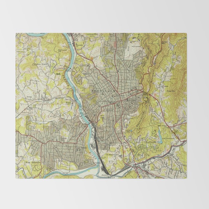 Vintage Map of Asheville North Carolina (1943) Throw Blanket Gallery Image 2