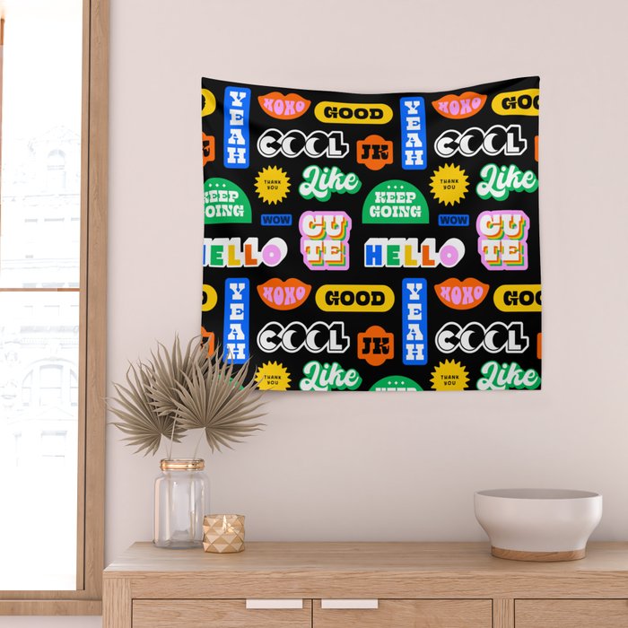 Fun retro quote sticker pattern Wall Tapestry Gallery Image 2