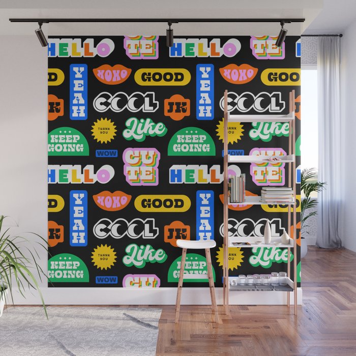 Fun retro quote sticker pattern Wall Mural Gallery Image 1