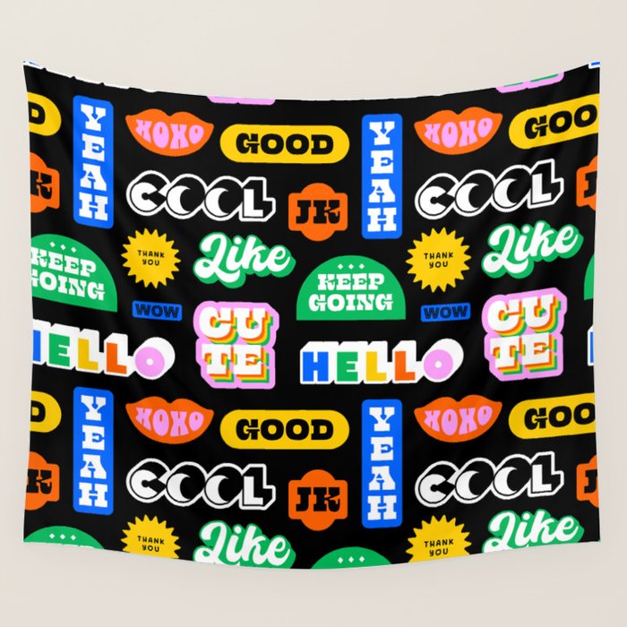 Fun retro quote sticker pattern Wall Tapestry Gallery Image 1
