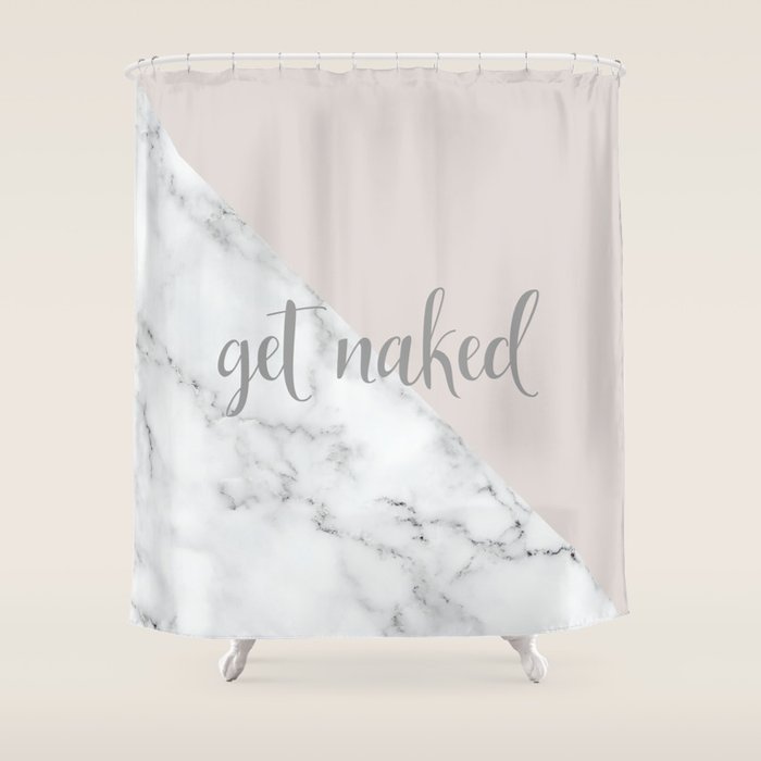 Get Naked, Funny Bathroom Art,  Marble, Blush Pink, Grey Shower Curtain Gallery Image 1