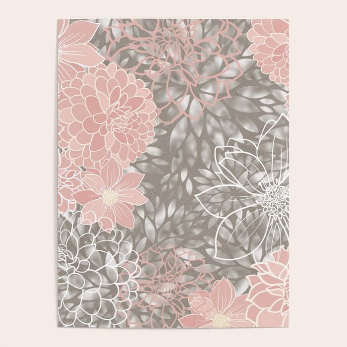 Floral Dahlias, Blush Pink, Gray, White Poster Gallery Image 4