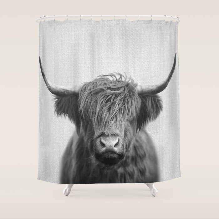 Highland Cow - Black & White Shower Curtain Gallery Image 1