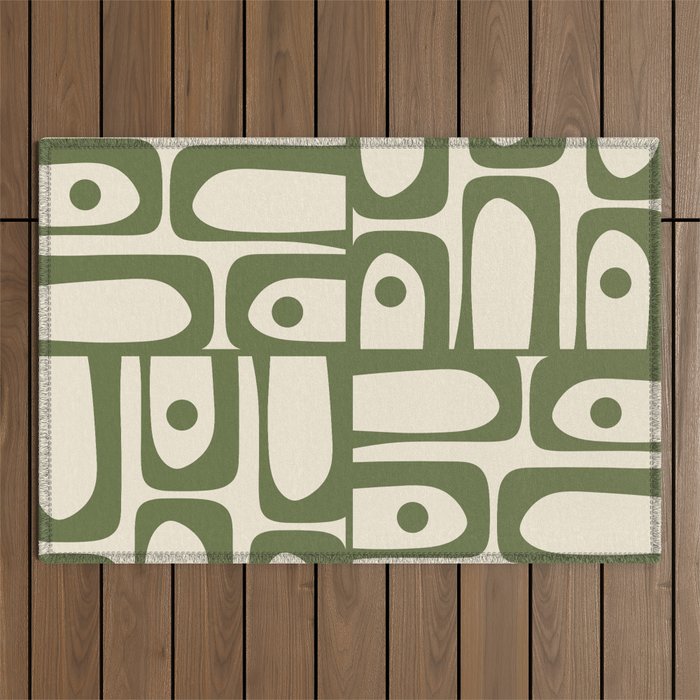 Mid Century Modern Abstract Piquet Pattern in Olive Green and Cream Outdoor Rug Gallery Image 1