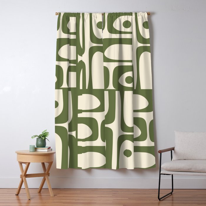 Mid Century Modern Abstract Piquet Pattern in Olive Green and Cream Window Curtain Gallery Image 5