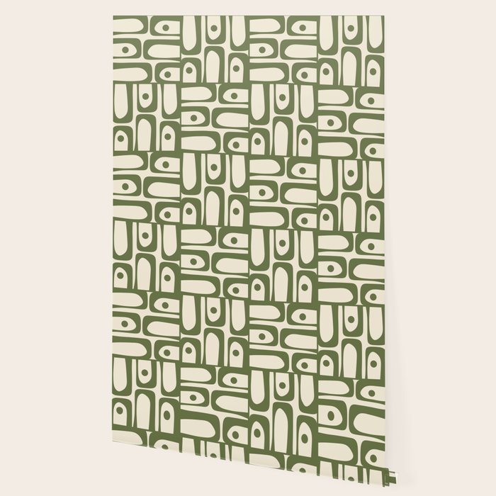 Mid Century Modern Abstract Piquet Pattern in Olive Green and Cream Wallpaper Gallery Image 2