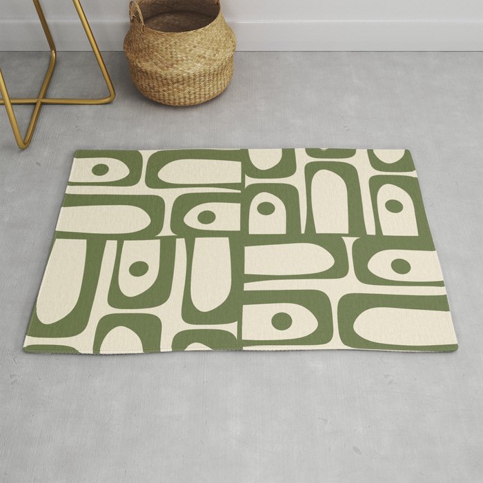 Mid Century Modern Abstract Piquet Pattern in Olive Green and Cream Rug Gallery Image 1
