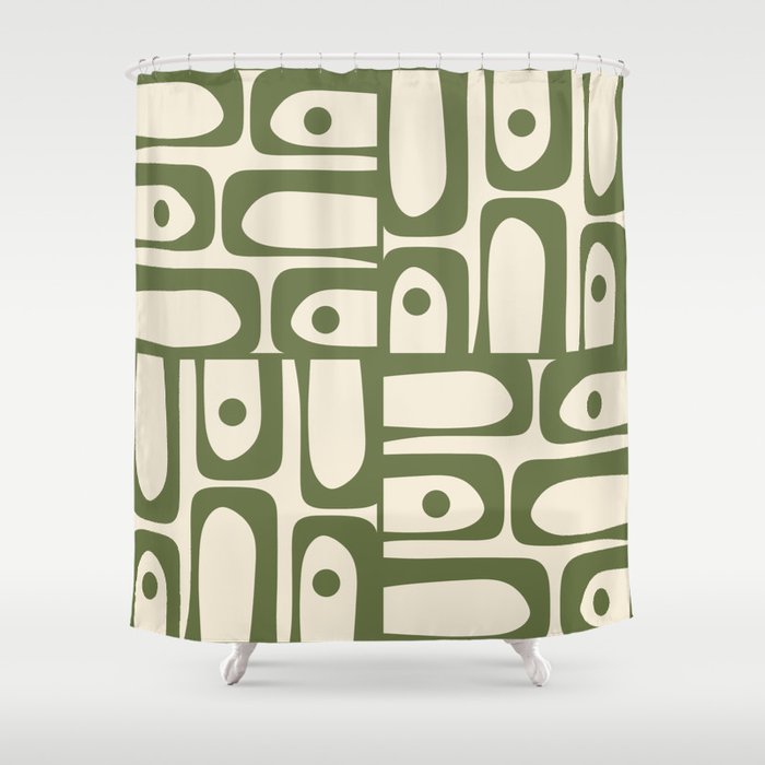 Mid Century Modern Abstract Piquet Pattern in Olive Green and Cream Shower Curtain Gallery Image 1