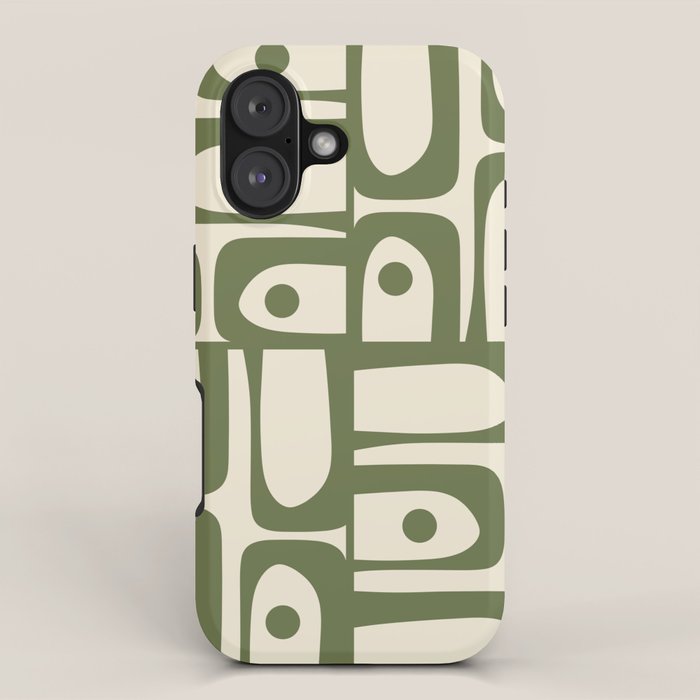 Mid Century Modern Abstract Piquet Pattern in Olive Green and Cream iPhone Case Gallery Image 1
