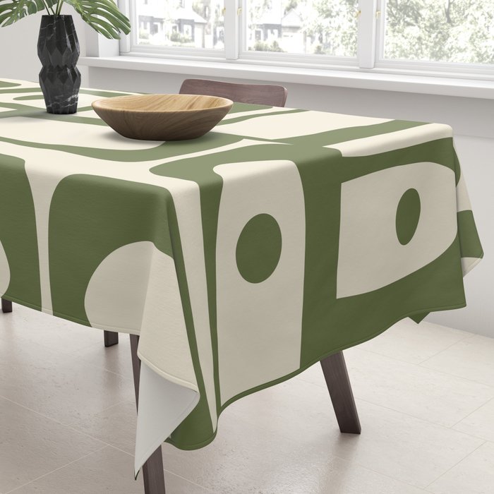 Mid Century Modern Abstract Piquet Pattern in Olive Green and Cream Tablecloth Gallery Image 3