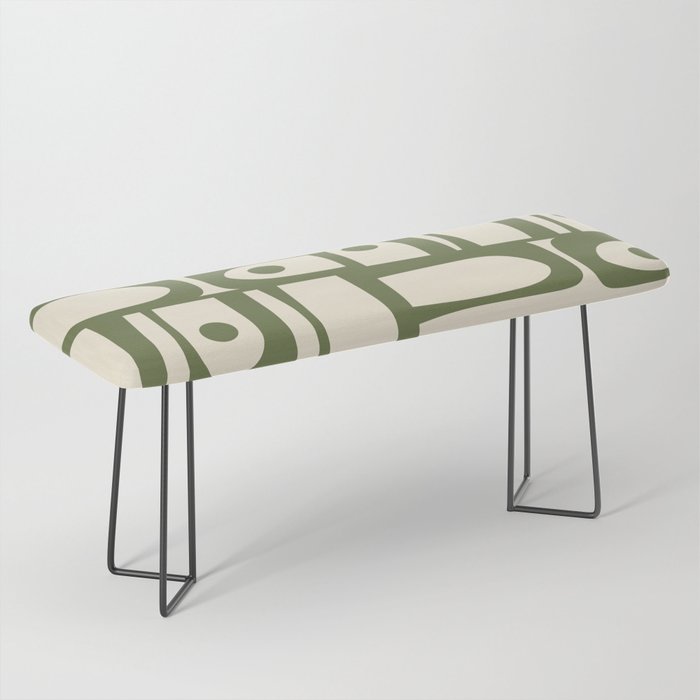 Mid Century Modern Abstract Piquet Pattern in Olive Green and Cream Bench Gallery Image 1