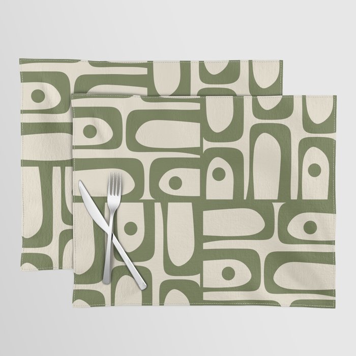 Mid Century Modern Abstract Piquet Pattern in Olive Green and Cream Placemat Gallery Image 1