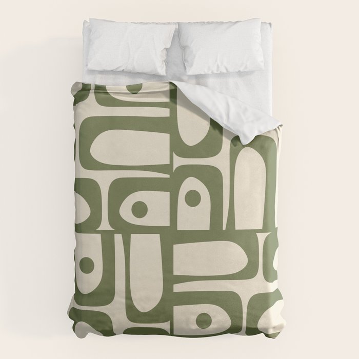 Mid Century Modern Abstract Piquet Pattern in Olive Green and Cream Duvet Cover Gallery Image 1