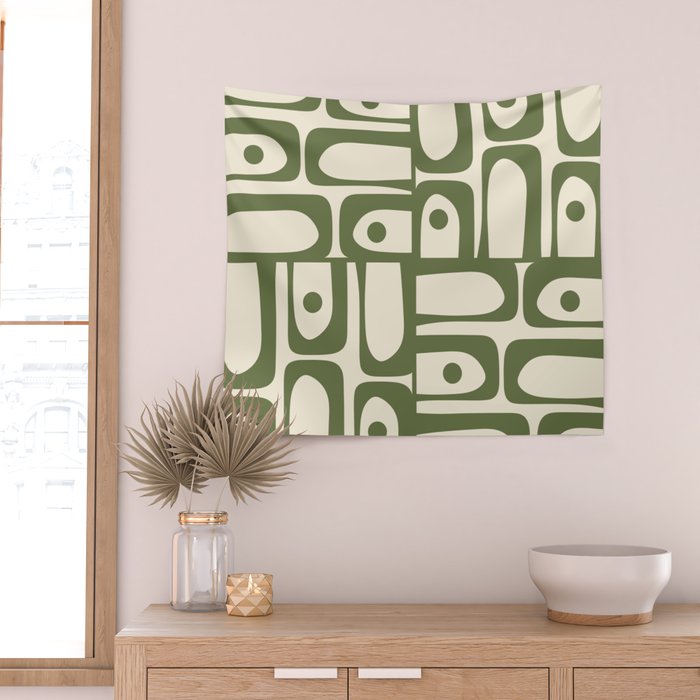 Mid Century Modern Abstract Piquet Pattern in Olive Green and Cream Wall Tapestry Gallery Image 2