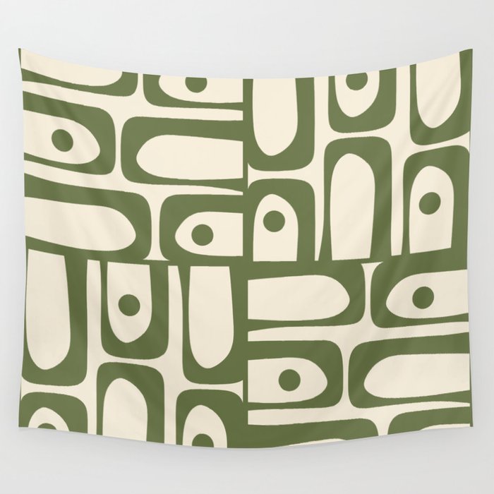 Mid Century Modern Abstract Piquet Pattern in Olive Green and Cream Wall Tapestry Gallery Image 4