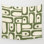 Mid Century Modern Abstract Piquet Pattern in Olive Green and Cream Wall Tapestry Gallery Image 4