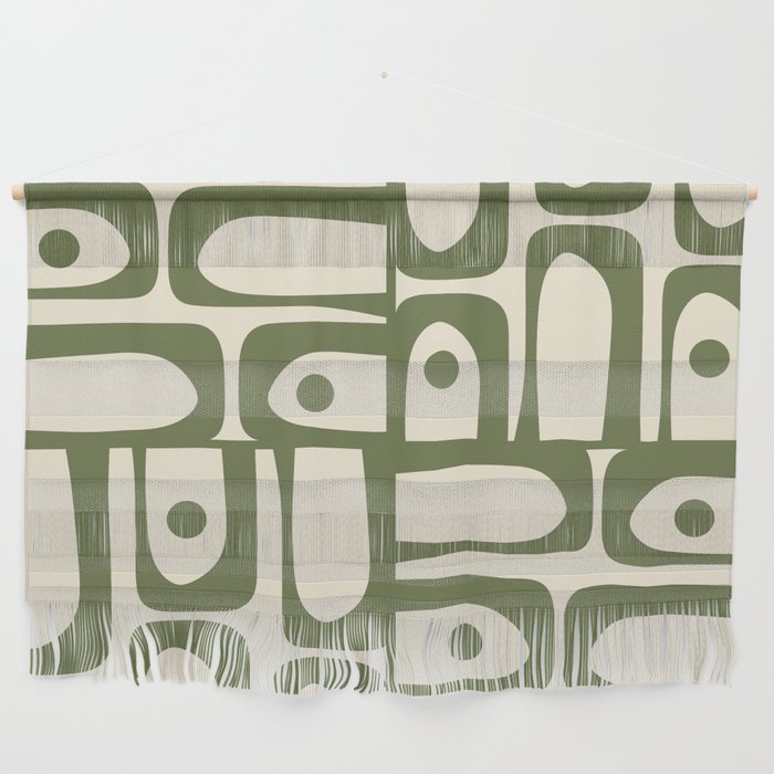 Mid Century Modern Abstract Piquet Pattern in Olive Green and Cream Wall Hanging Gallery Image 1