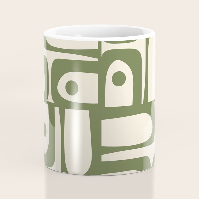Mid Century Modern Abstract Piquet Pattern in Olive Green and Cream Coffee Mug Gallery Image 4