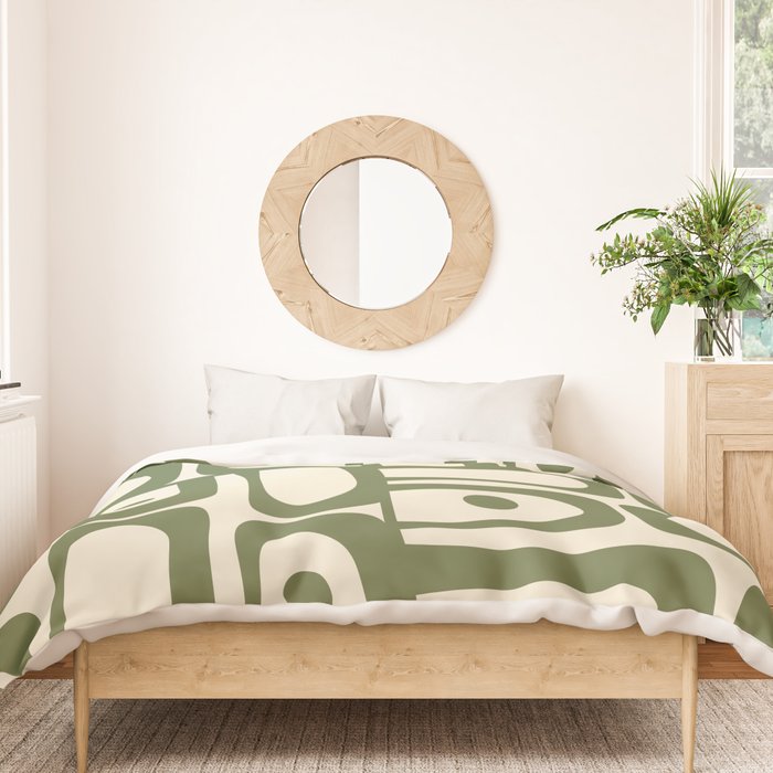 Mid Century Modern Abstract Piquet Pattern in Olive Green and Cream Duvet Cover Gallery Image 3