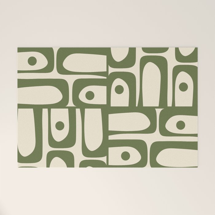 Mid Century Modern Abstract Piquet Pattern in Olive Green and Cream Welcome Mat Gallery Image 1
