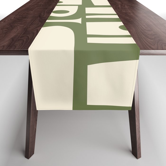 Mid Century Modern Abstract Piquet Pattern in Olive Green and Cream Table Runner Gallery Image 1