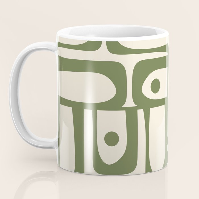Mid Century Modern Abstract Piquet Pattern in Olive Green and Cream Coffee Mug Gallery Image 3