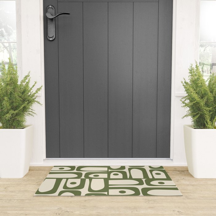 Mid Century Modern Abstract Piquet Pattern in Olive Green and Cream Welcome Mat Gallery Image 3