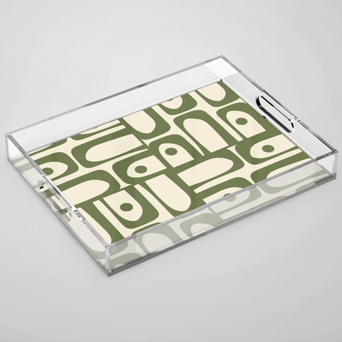 Mid Century Modern Abstract Piquet Pattern in Olive Green and Cream Acrylic Tray Gallery Image 1
