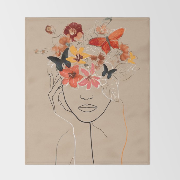 WOMAN WITH FLOWERS 7 Line Art  Throw Blanket Gallery Image 2