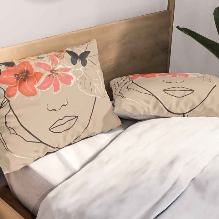 WOMAN WITH FLOWERS 7 Line Art  Pillow Sham Gallery Image 2