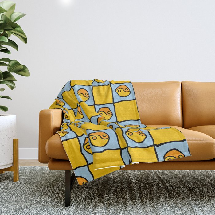 Yellow Ying Yang Checkered Print Throw Blanket Gallery Image 1