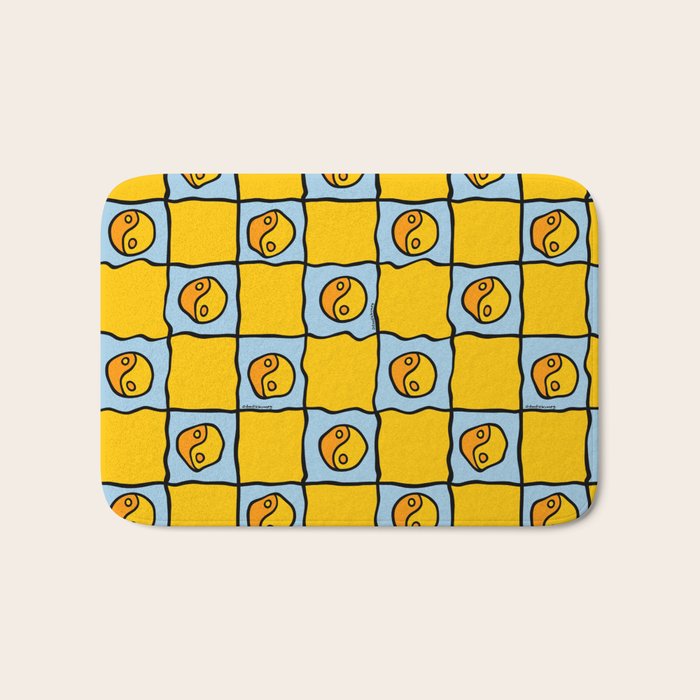 Yellow Ying Yang Checkered Print Bath Mat Gallery Image 1