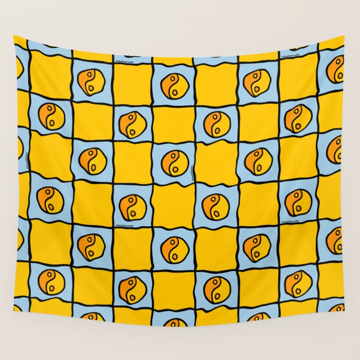 Yellow Ying Yang Checkered Print Wall Tapestry Gallery Image 4