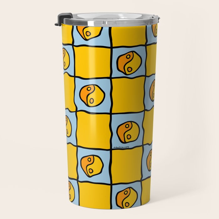 Yellow Ying Yang Checkered Print Travel Mug Gallery Image 3