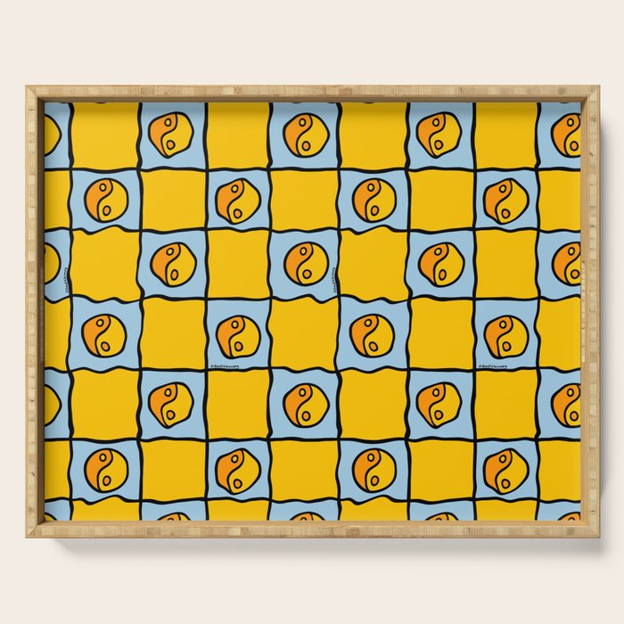 Yellow Ying Yang Checkered Print Serving Tray Gallery Image 1