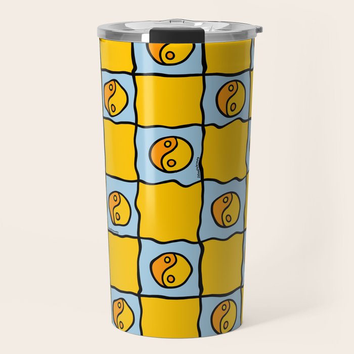 Yellow Ying Yang Checkered Print Travel Mug Gallery Image 1