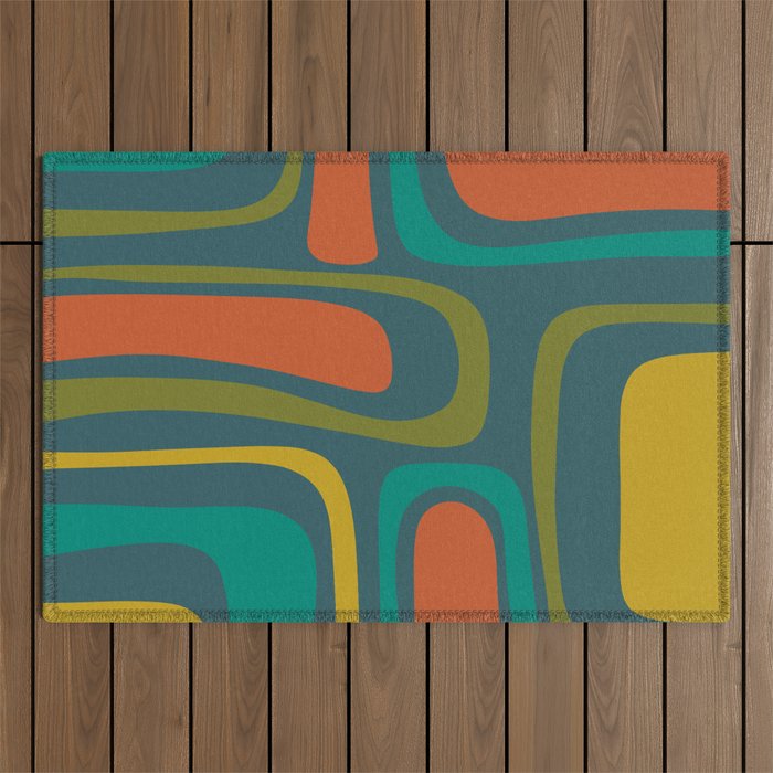 Palm Springs Mid Century Modern Abstract Pattern in Teal and Mid Mod Orange, Olive, Mustard Outdoor Rug Gallery Image 1