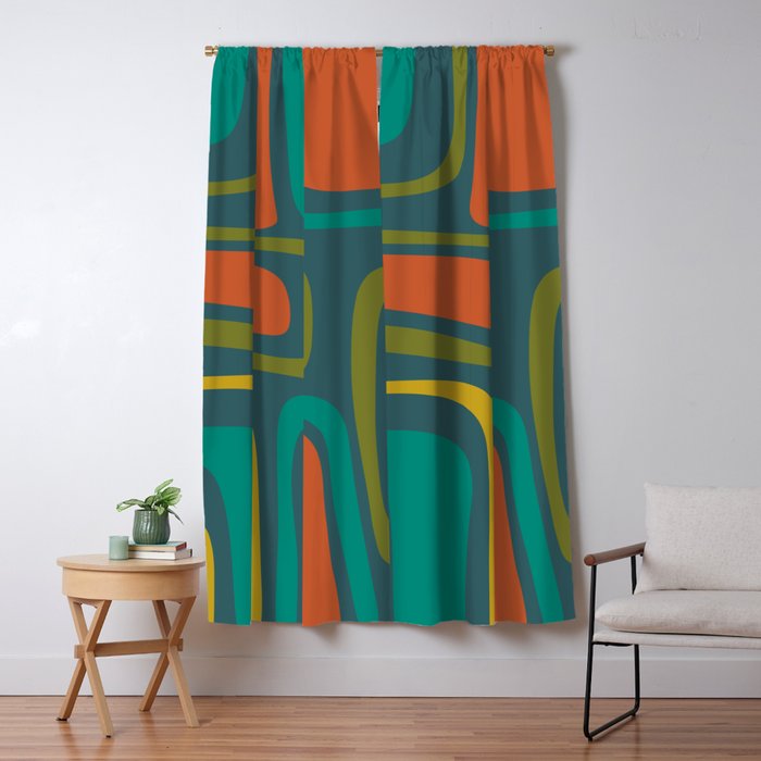 Palm Springs Mid Century Modern Abstract Pattern in Teal and Mid Mod Orange, Olive, Mustard Window Curtain Gallery Image 1