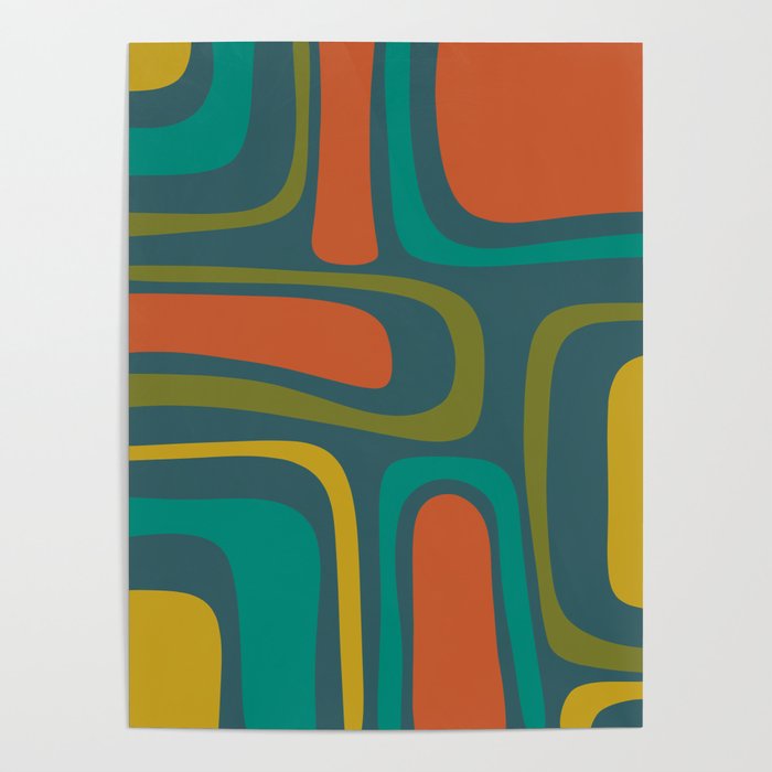 Palm Springs Mid Century Modern Abstract Pattern in Teal and Mid Mod Orange, Olive, Mustard Poster Gallery Image 4