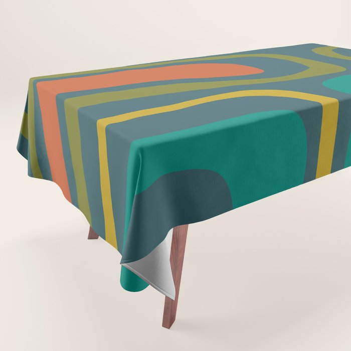 Palm Springs Mid Century Modern Abstract Pattern in Teal and Mid Mod Orange, Olive, Mustard Tablecloth Gallery Image 1