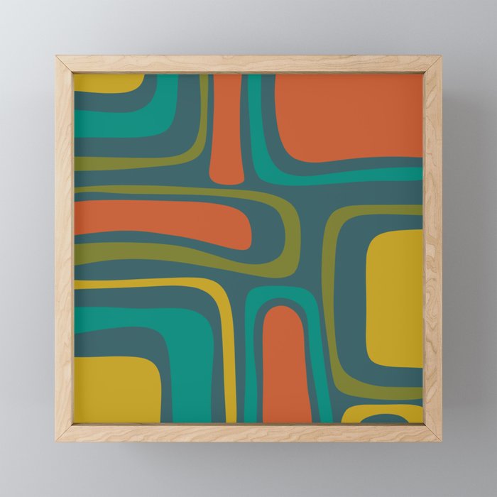 Palm Springs Mid Century Modern Abstract Pattern in Teal and Mid Mod Orange, Olive, Mustard Mini Art Print Gallery Image 1