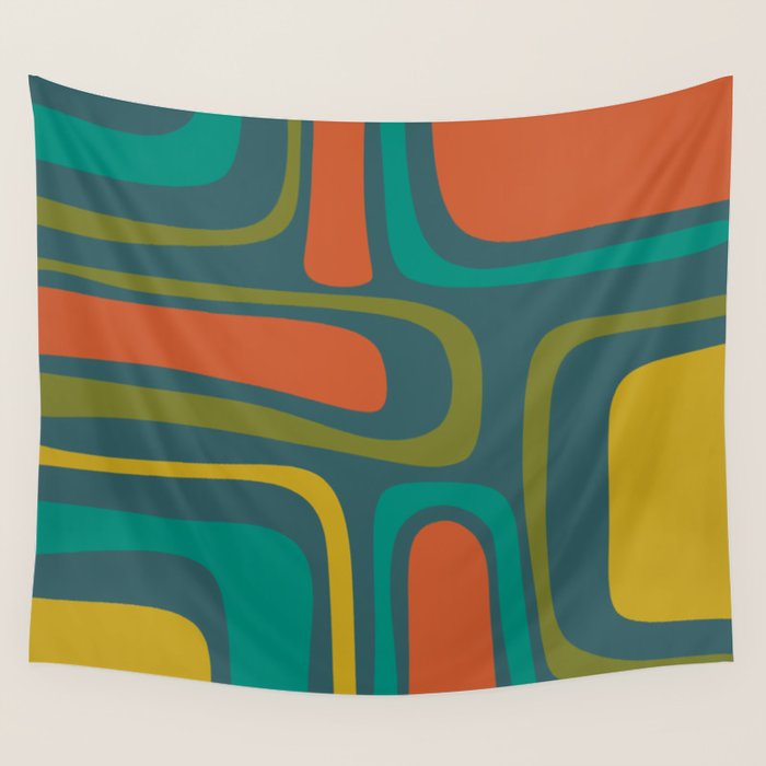 Palm Springs Mid Century Modern Abstract Pattern in Teal and Mid Mod Orange, Olive, Mustard Wall Tapestry Gallery Image 4