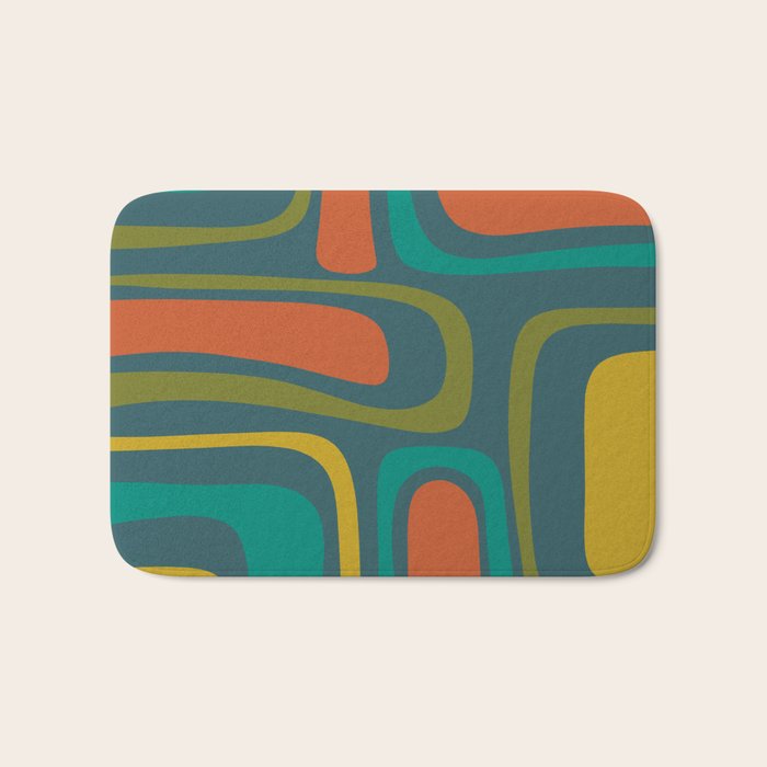 Palm Springs Mid Century Modern Abstract Pattern in Teal and Mid Mod Orange, Olive, Mustard Bath Mat Gallery Image 1